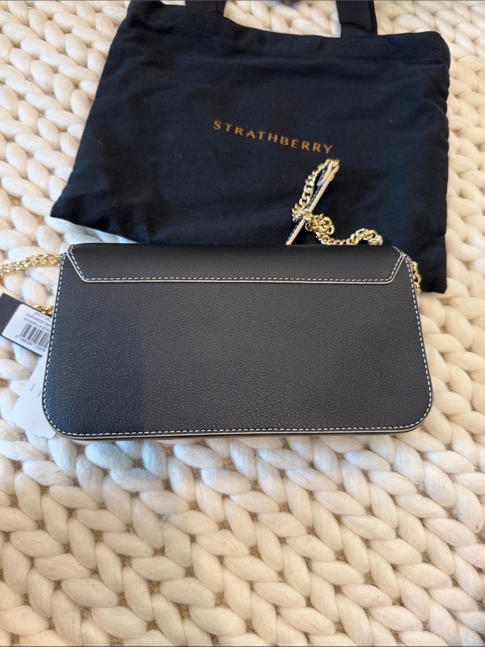 Strathberry Black Leather Crossbody with Gold Bar and Chain - Picture 3 of 5